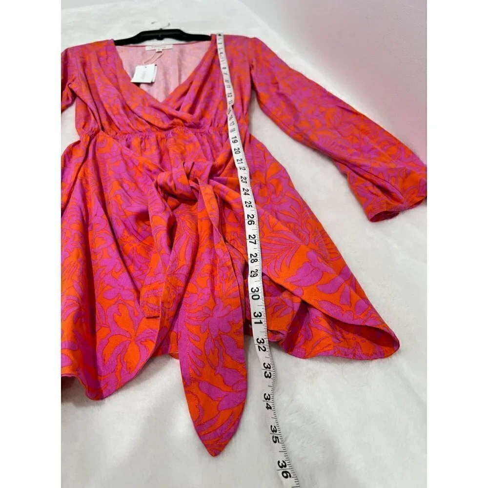 New L Space Size SM Kristy Long Sleeve Faux-Wrap Cover-Up Dress Path To Paradise